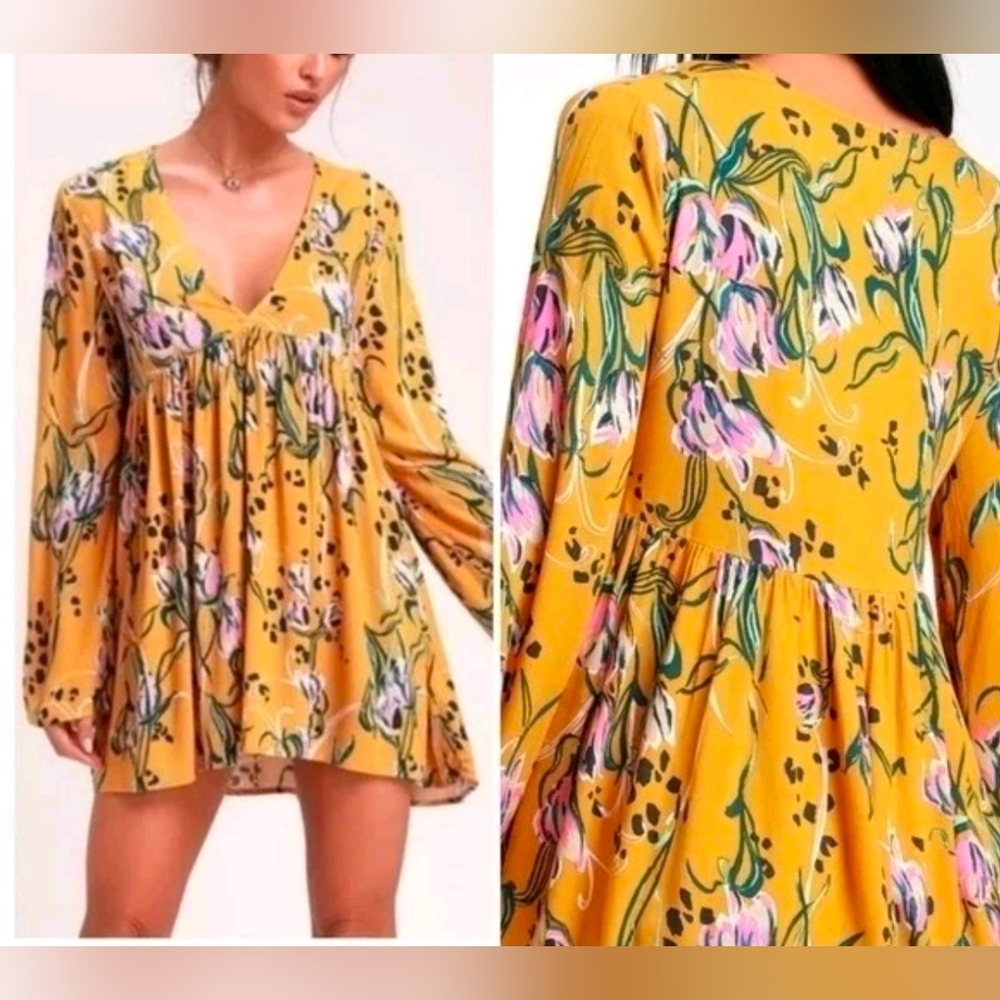 Free People Bella Floral Tunic Boho Pink Yellow Buttery Size Small